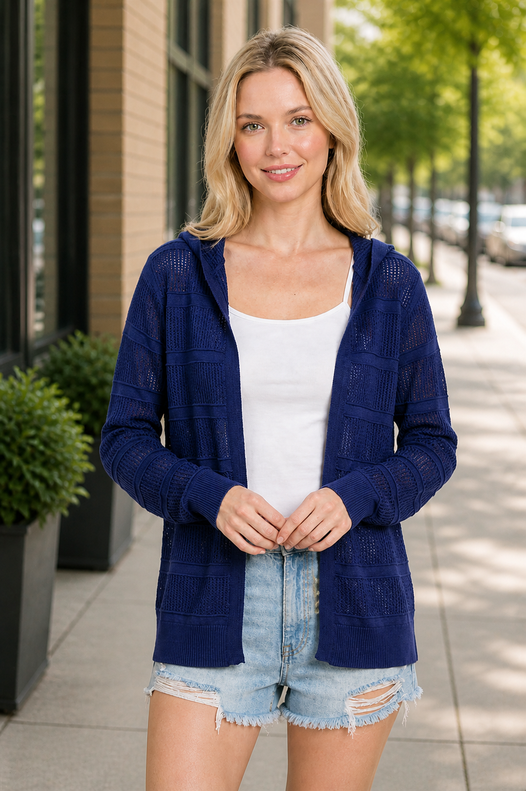 Pointelle Stripe Hooded Cardigan