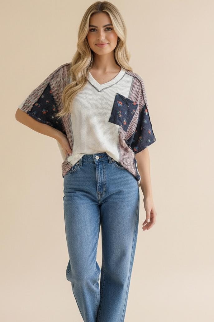 Floral Color Block Knit Top