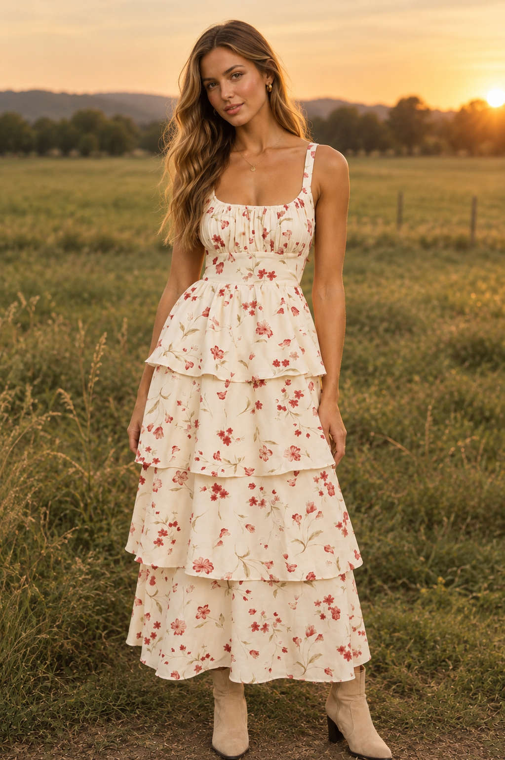 Floral Back Tie Tiered Midi Dress