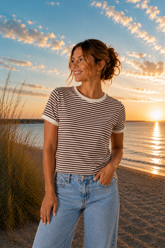 Striped Contrast Trim Rib Tee