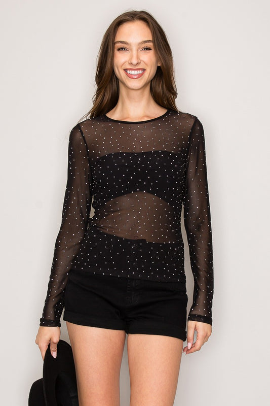 Rhinestone Embellished Mesh Long Sleeve Knit Top