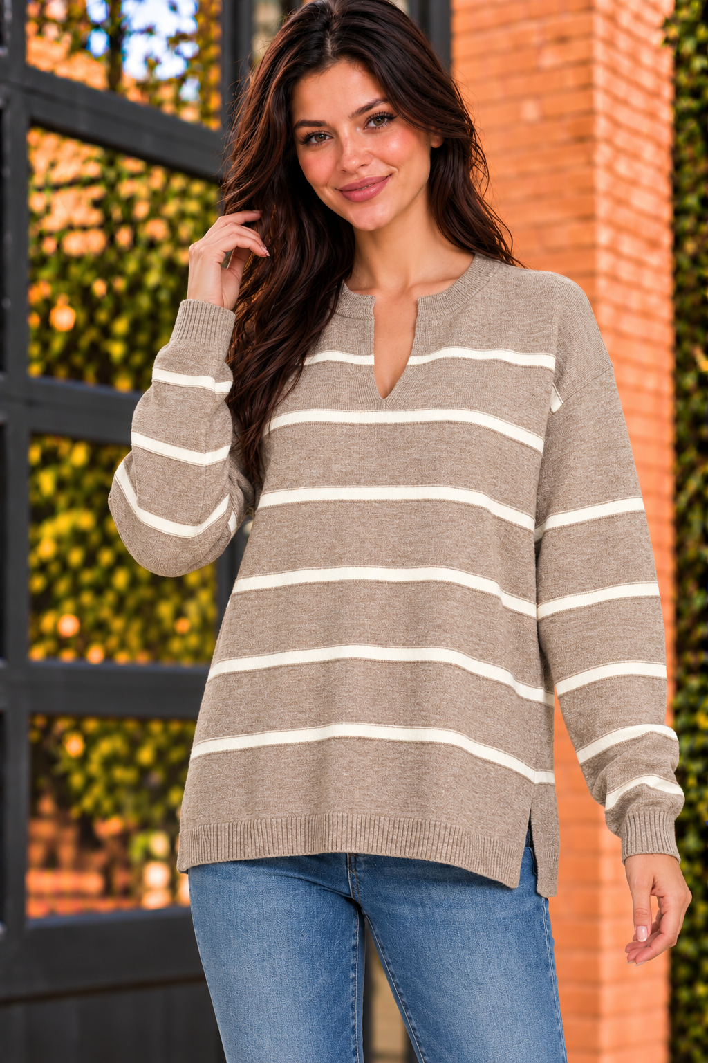 Striped Split Neck Knit Sweater