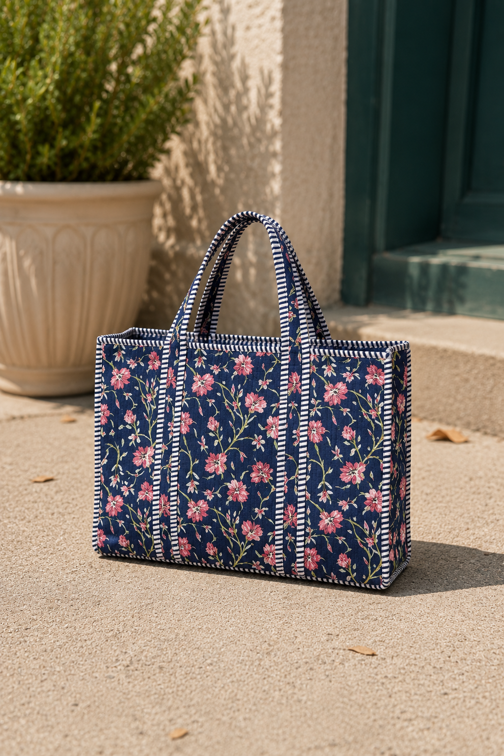 Mini Floral Navy Quilted Cotton Tote Bag