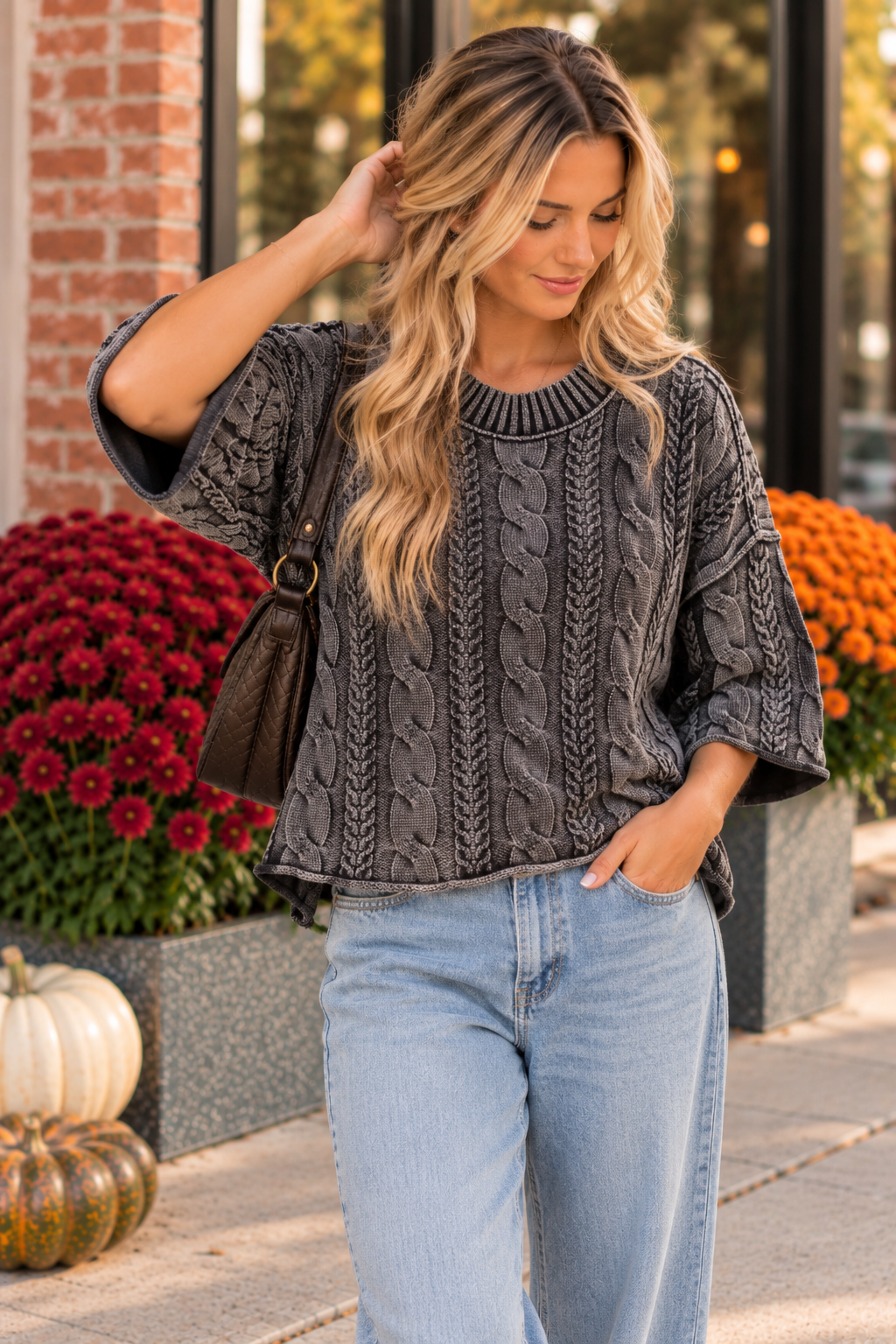 Washed Cable Knit Turtleneck Sweater