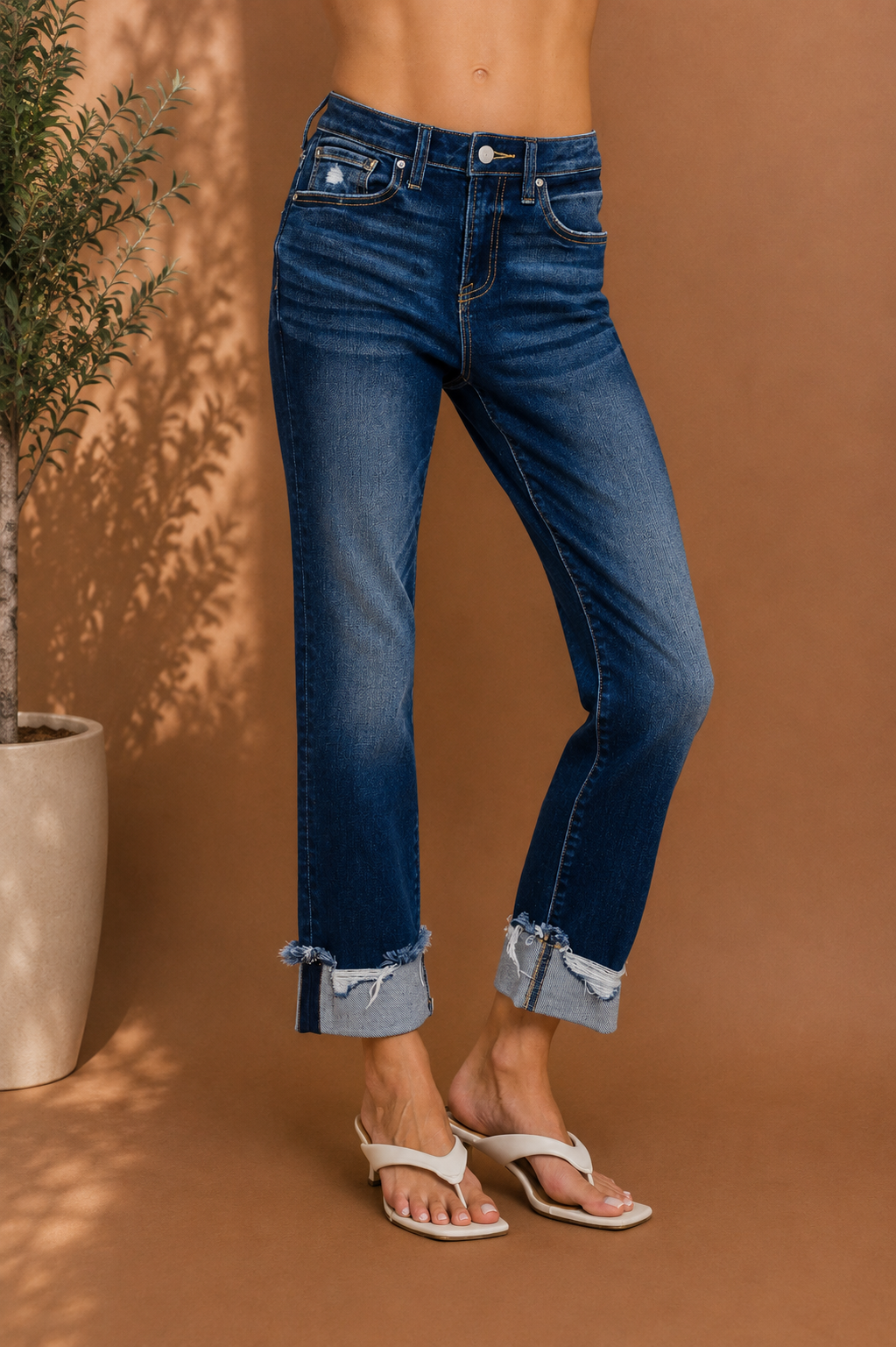 Cuffed Distressed Hem Jeans