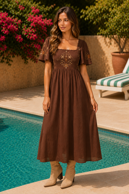 Floral Embroidered Bell Sleeve Midi Dress