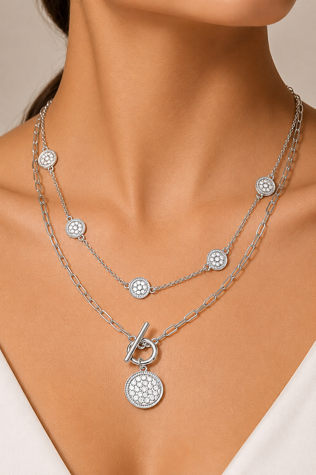 Layered Coin Charm Toggle Necklace