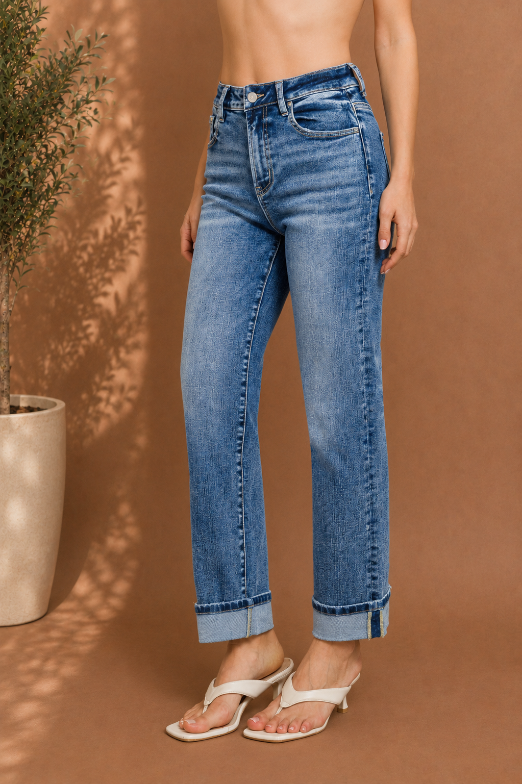 Cuffed Straight Leg Denim Jeans