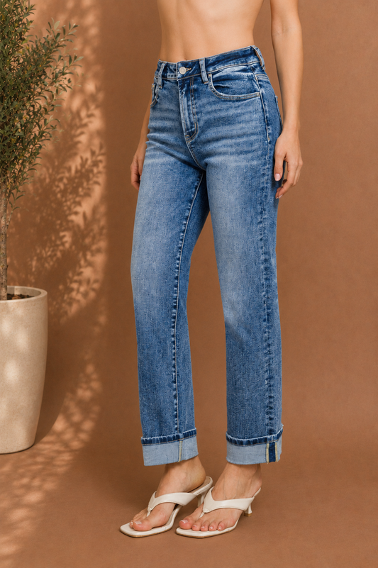 Cuffed Straight Leg Denim Jeans