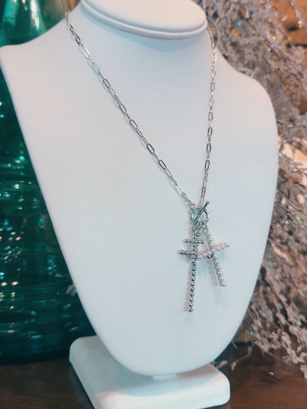 Metal Bubble Pearl Cross Charm Pendant Necklace