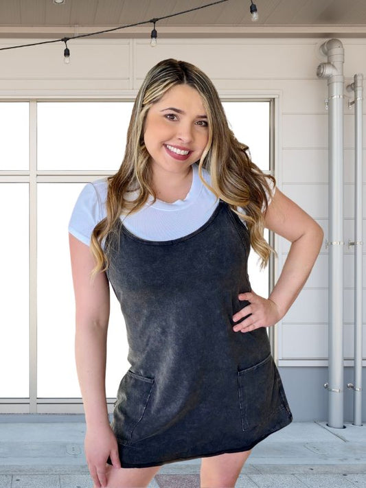 Acid Wash Mini Dress with Built-In Romper Shorts