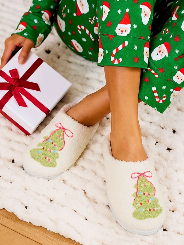 MIA Cozy Cream Christmas Tree Slippers