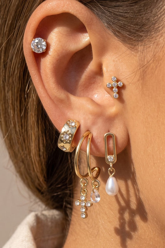 Cross & Pearl Huggie Earring Set