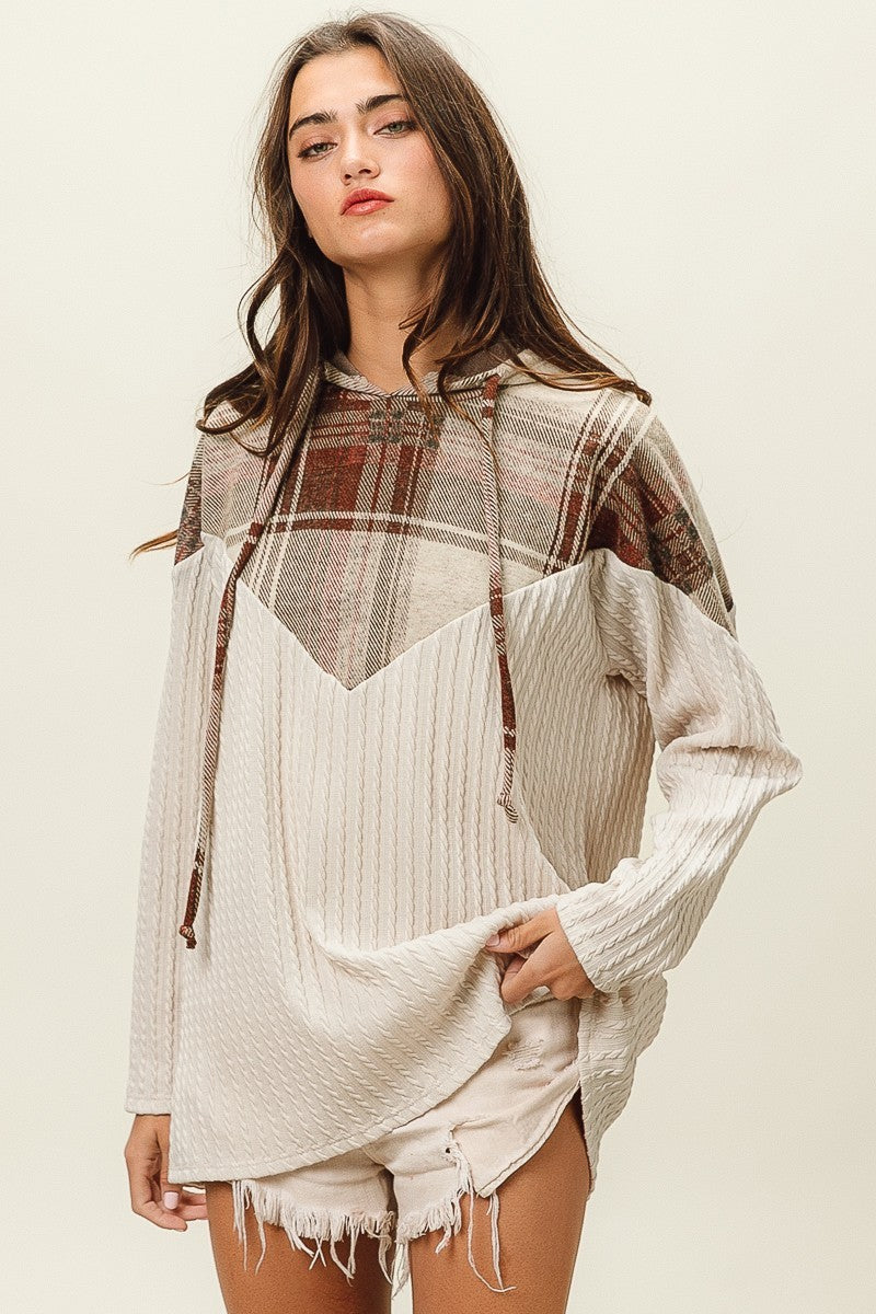 Doorbuster Plaid & Cable Knit Contrast Hoodie