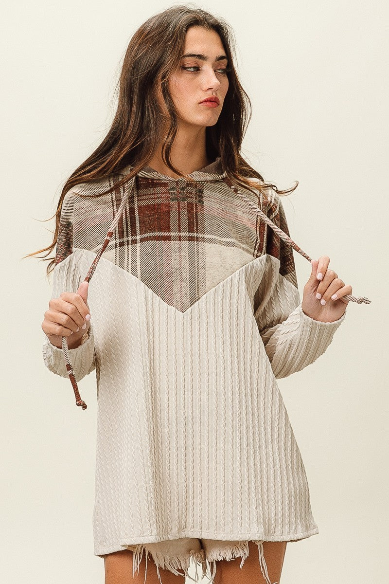 Doorbuster Plaid & Cable Knit Contrast Hoodie
