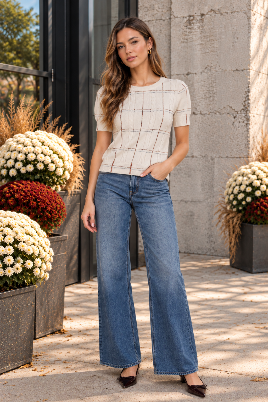 Plaid Stitch Cable Knit Sweater Top