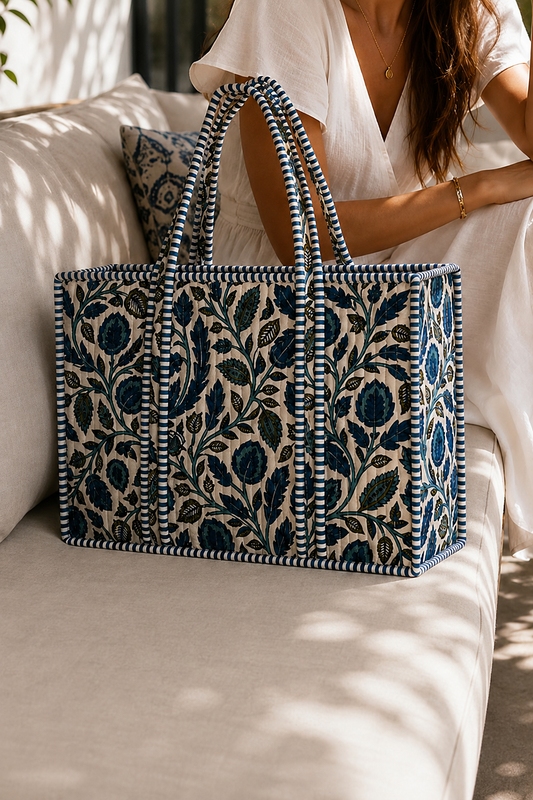 Large Blue Vine  Quilted Cotton Travel Tote Bag