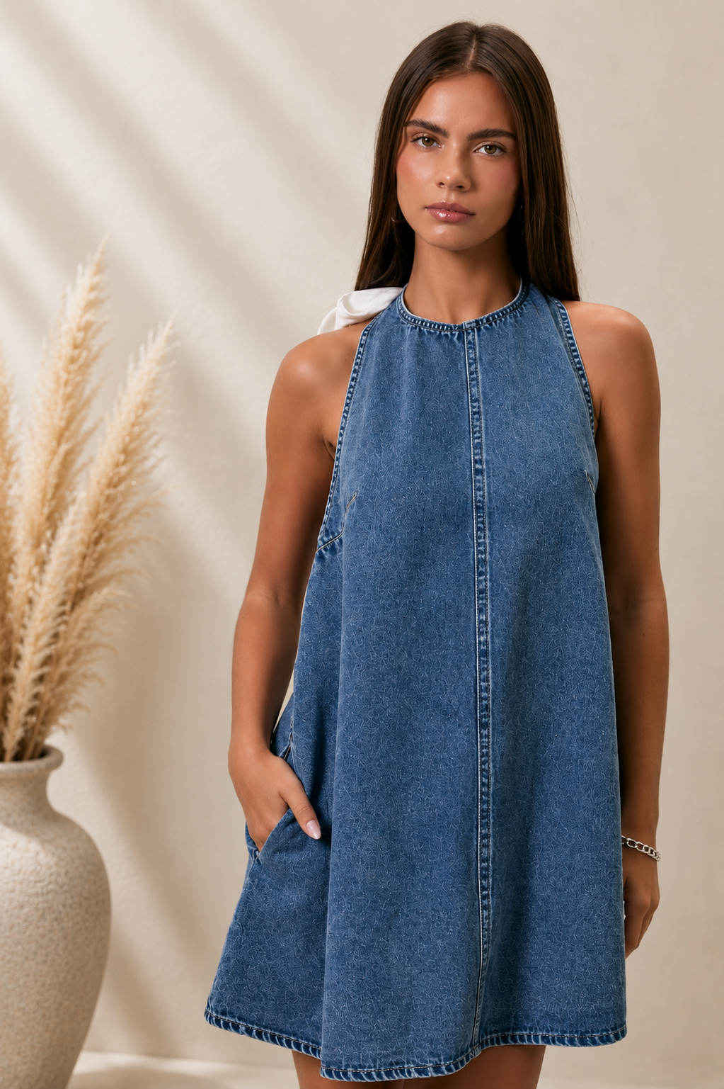 Halter Neck Denim Mini Dress
