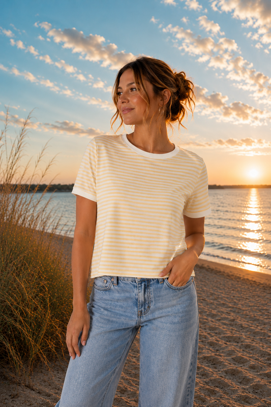Striped Contrast Trim Rib Tee