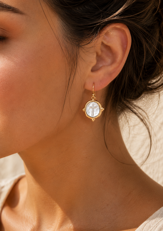 Vintage Cross Medallion Drop Earrings
