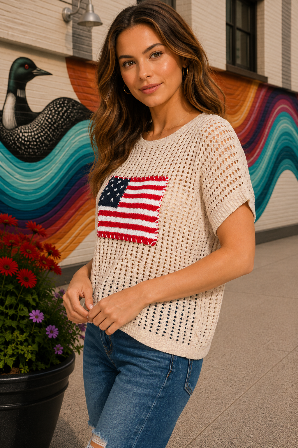 American Flag Open Stitch Sweater