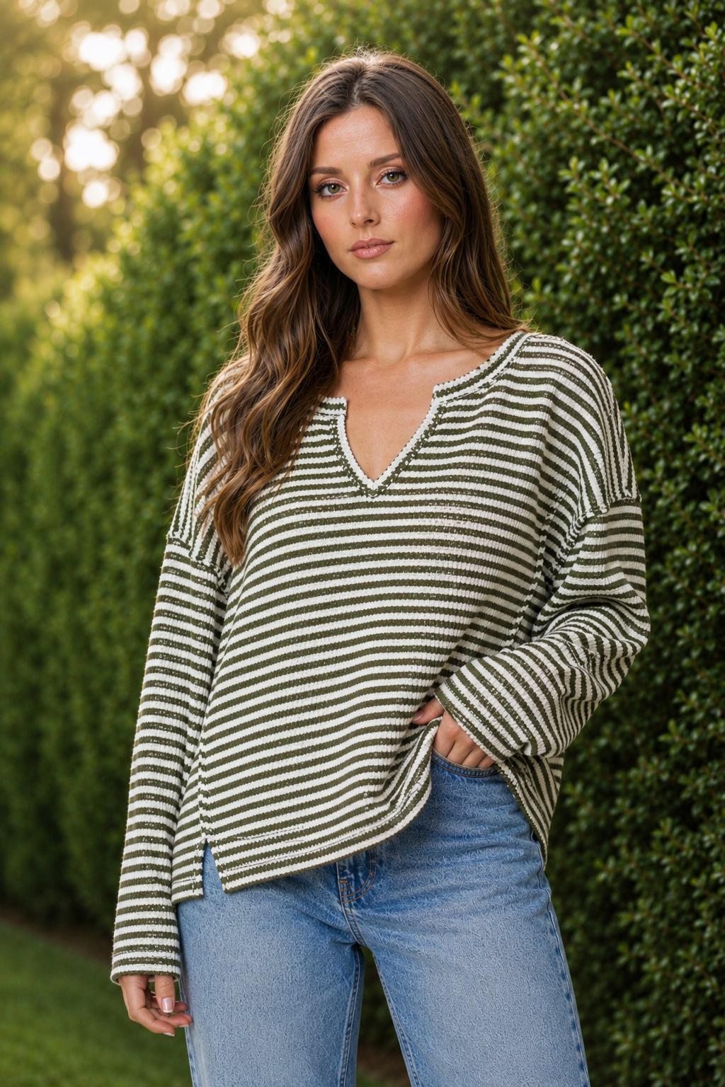 Stripe Split Neck Knit Top
