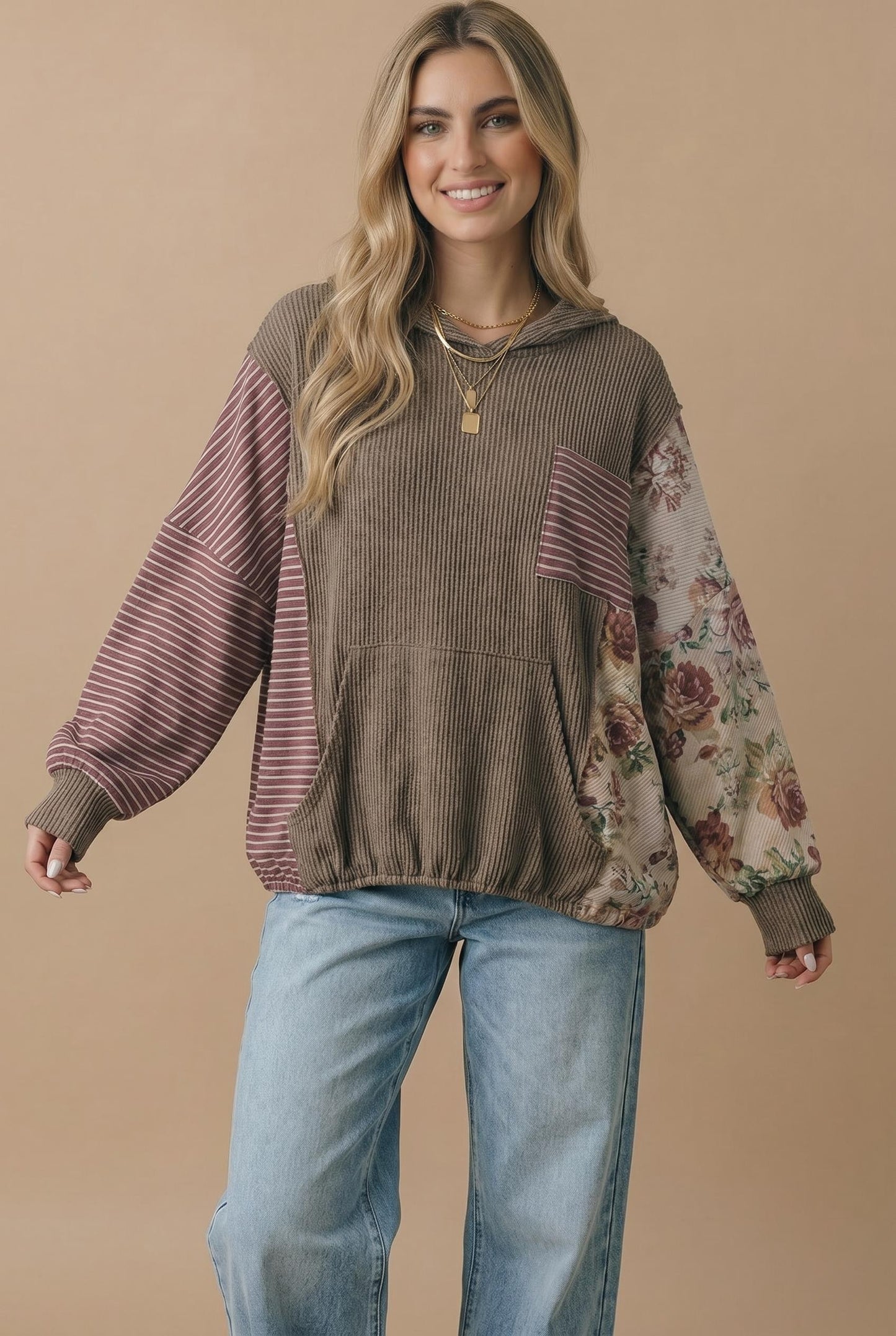 Patchwork Balloon Sleeve Hoodie
