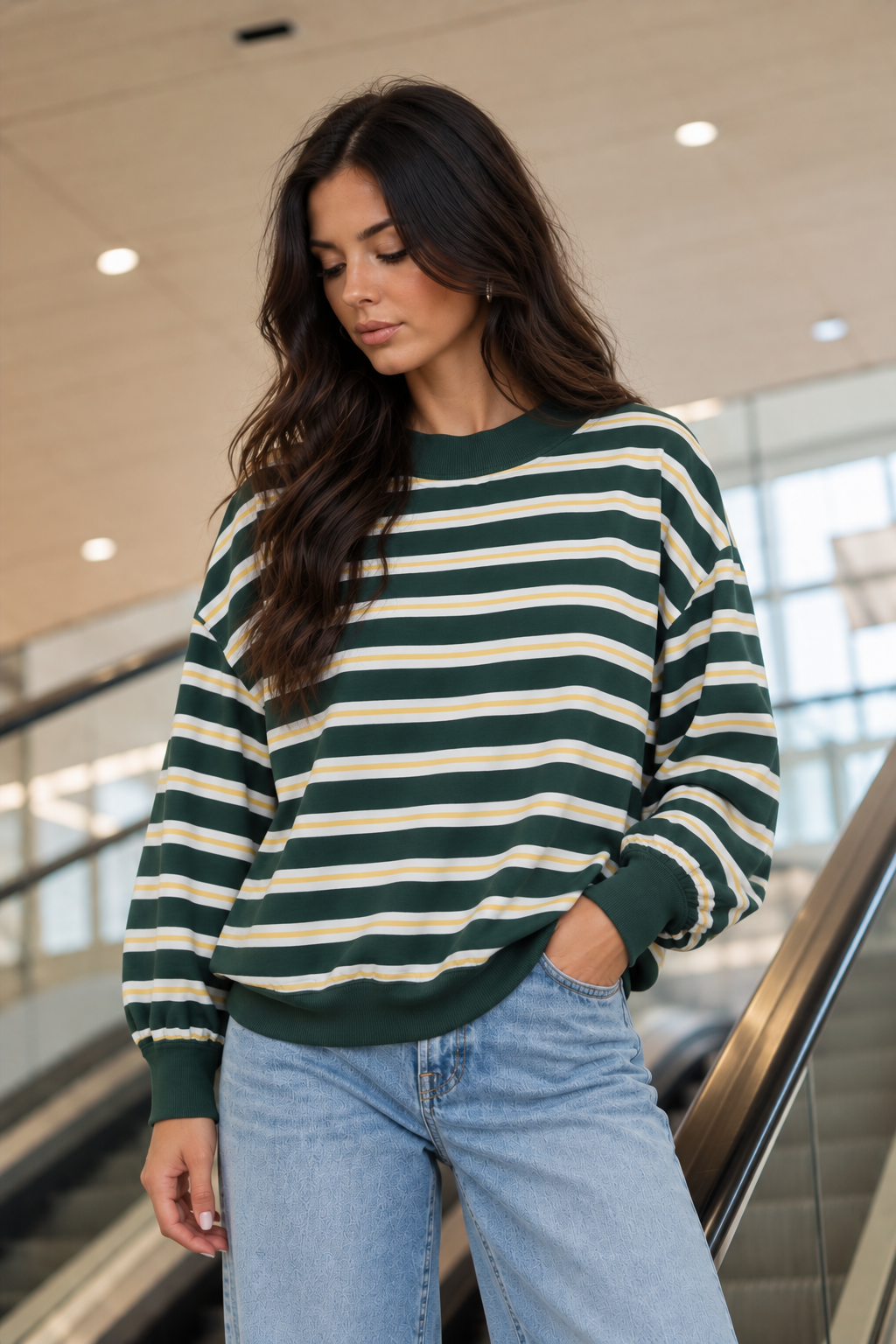 Striped Contrast Trim Long Sleeve Top