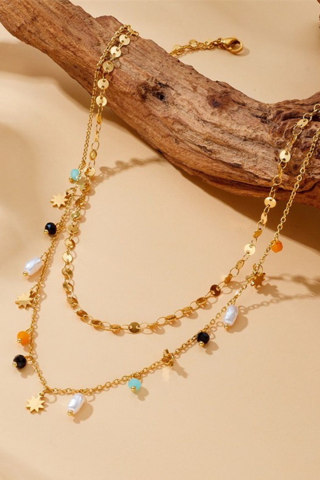 18K Gold Beaded Pearl Charm Necklace