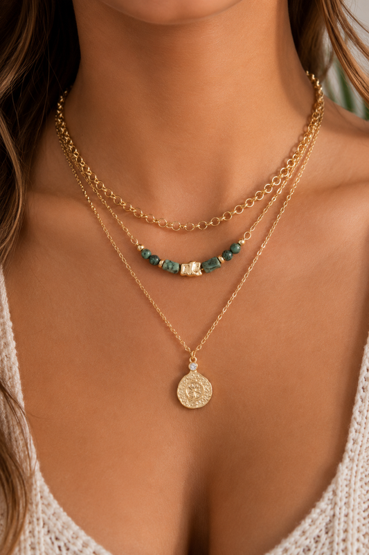 Layered Green Stone Coin Necklace