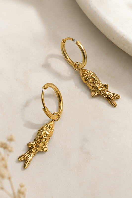 18K Gold Fish Drop Earrings