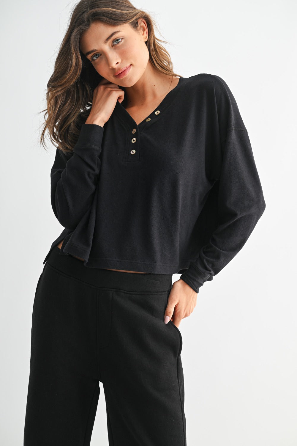 DOORBUSTER Cropped Henley Knit Top