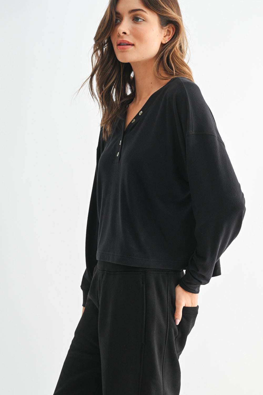 DOORBUSTER Cropped Henley Knit Top