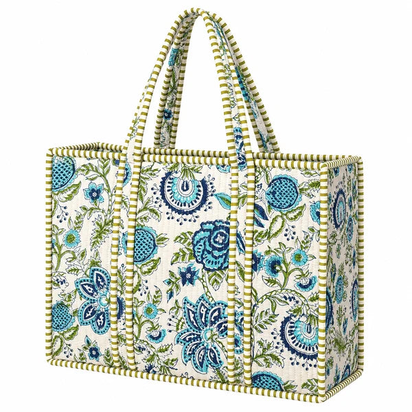 Large Blue Floral Quilted Cotton Travel Tote Bag