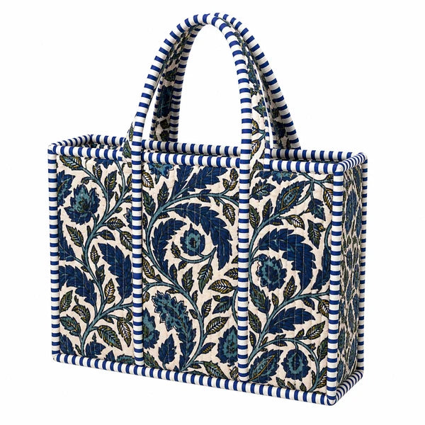 Large Blue Vine  Quilted Cotton Travel Tote Bag
