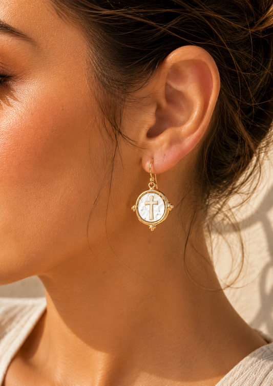 Vintage Cross Medallion Drop Earrings