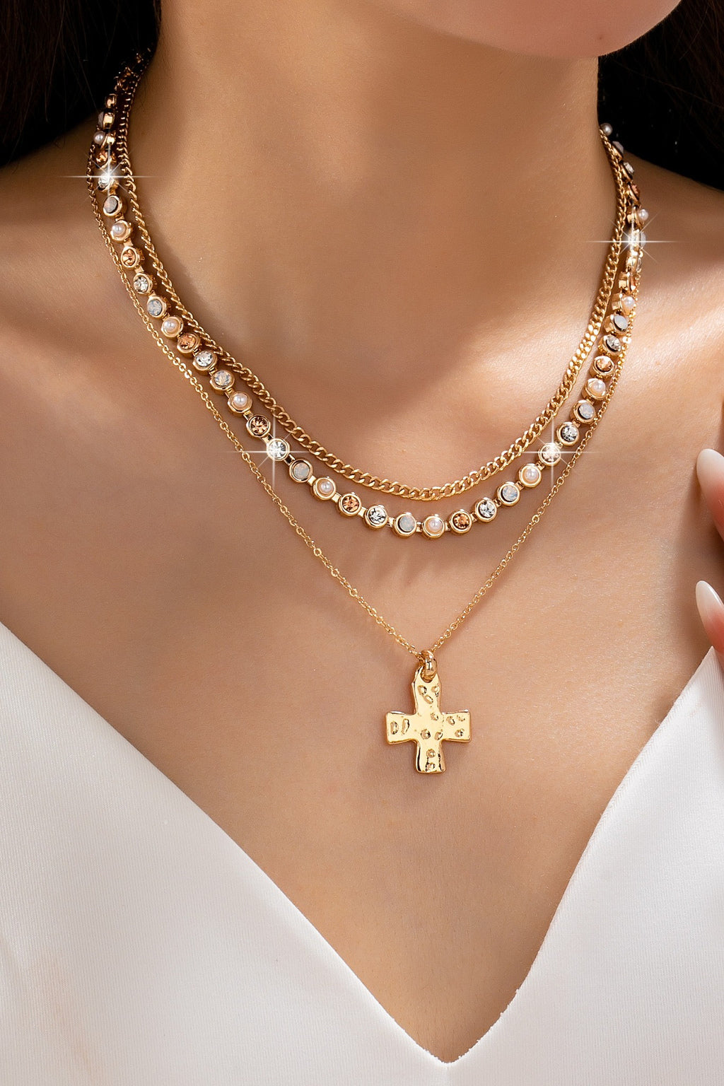 Layered Pearl Cross Necklace