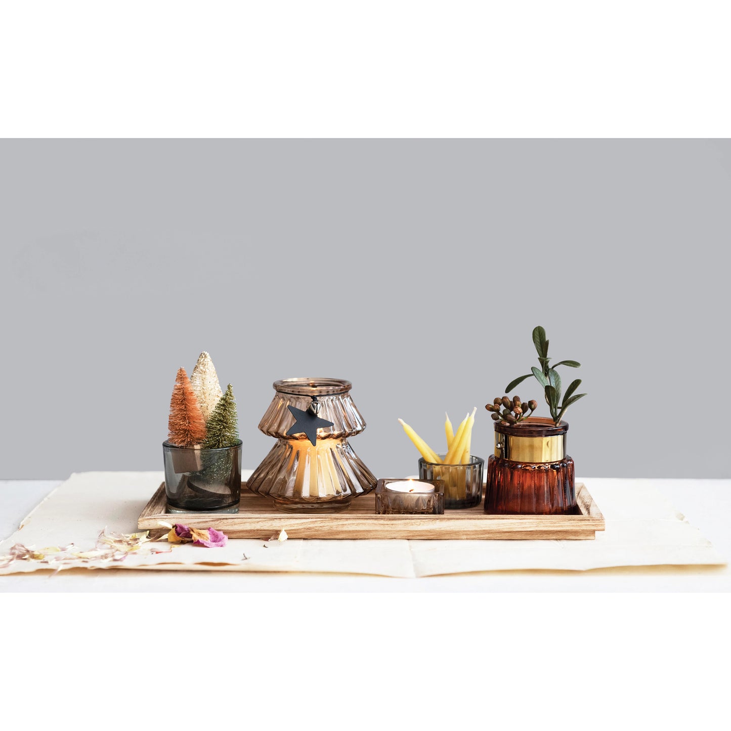 14"L x 5-1/2"W Wood Tray with 5 Glass Tealight/Votive Holders, Multi Color, Set of 6