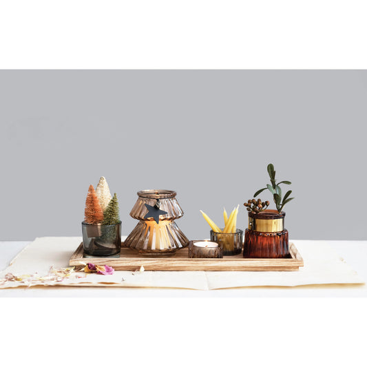 14"L x 5-1/2"W Wood Tray with 5 Glass Tealight/Votive Holders, Multi Color, Set of 6