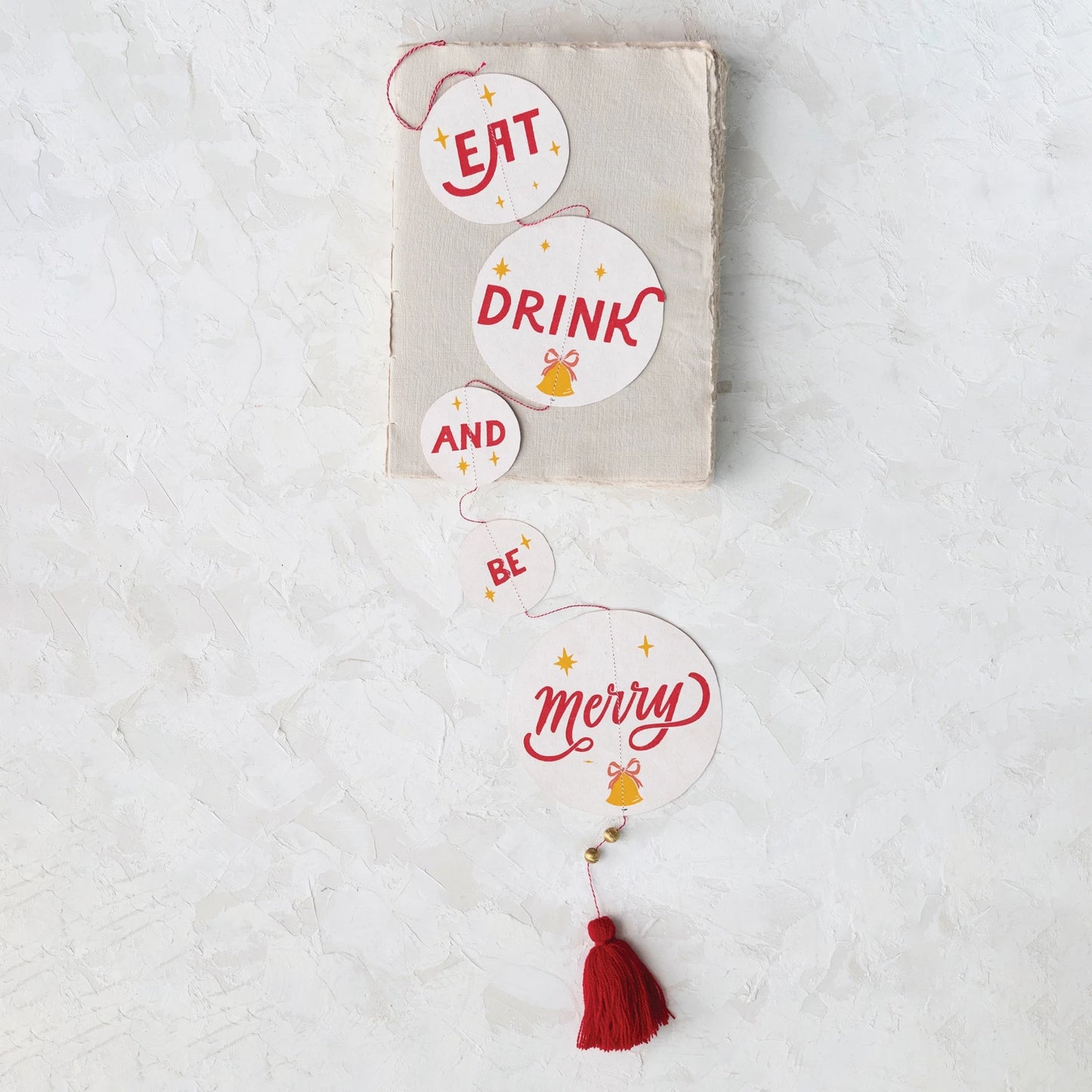 Handmade Recycled Paper Banner w/ Beaded Tassel "Eat Drink And Be Merry", Multi Color