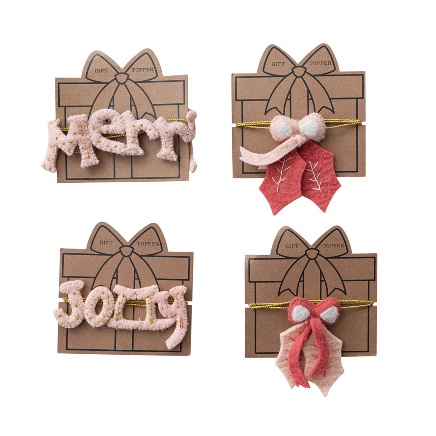 Handmade Wool Felt Gift Topper with 40"L Gold Cord Wrap, 4 Styles