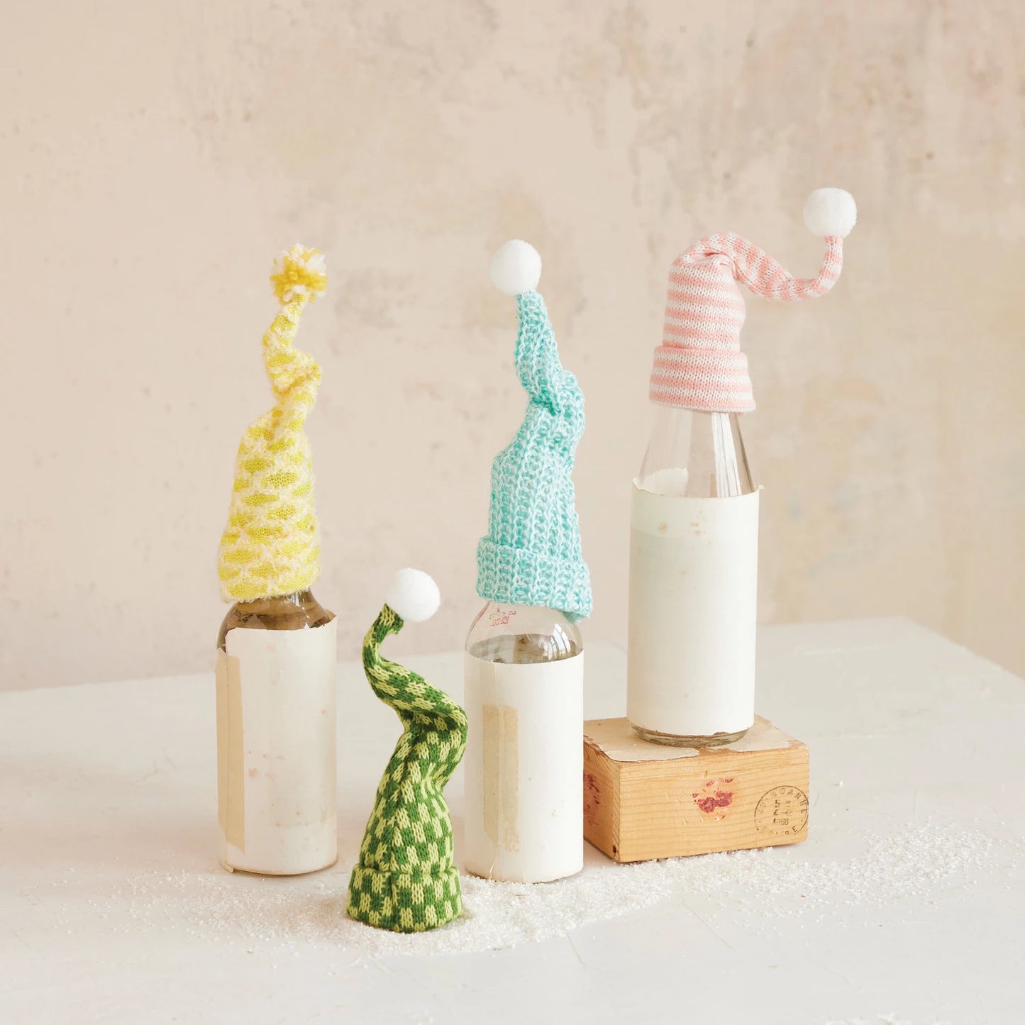 8"H Knit Fabric & Wire Hat Bottle Topper with Pom Pom, 4 Colors