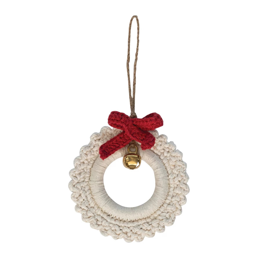 Cotton Crocheted Wreath Ornament with Bow & Jingle Bell